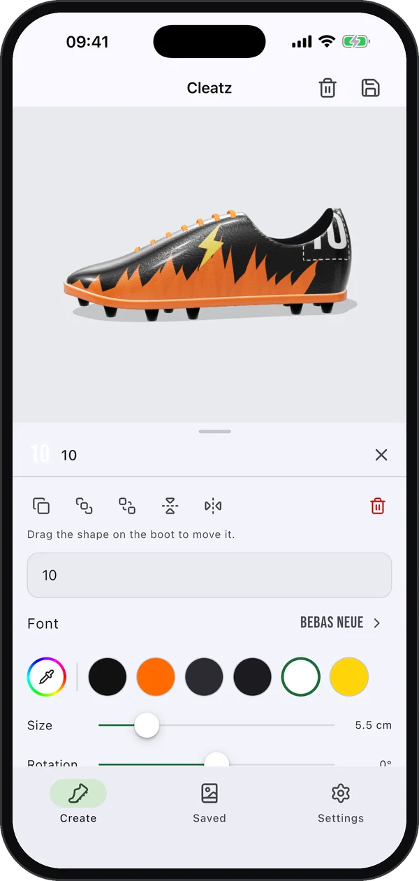Text layer settings for a number 10 on the heel, with font, colour and size